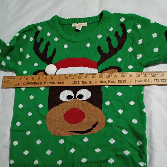 UGLY CHRISTMAS SWEATER Medium Women's Rudolf Green w/White Polka Dots PomPom - Picture 7 of 10